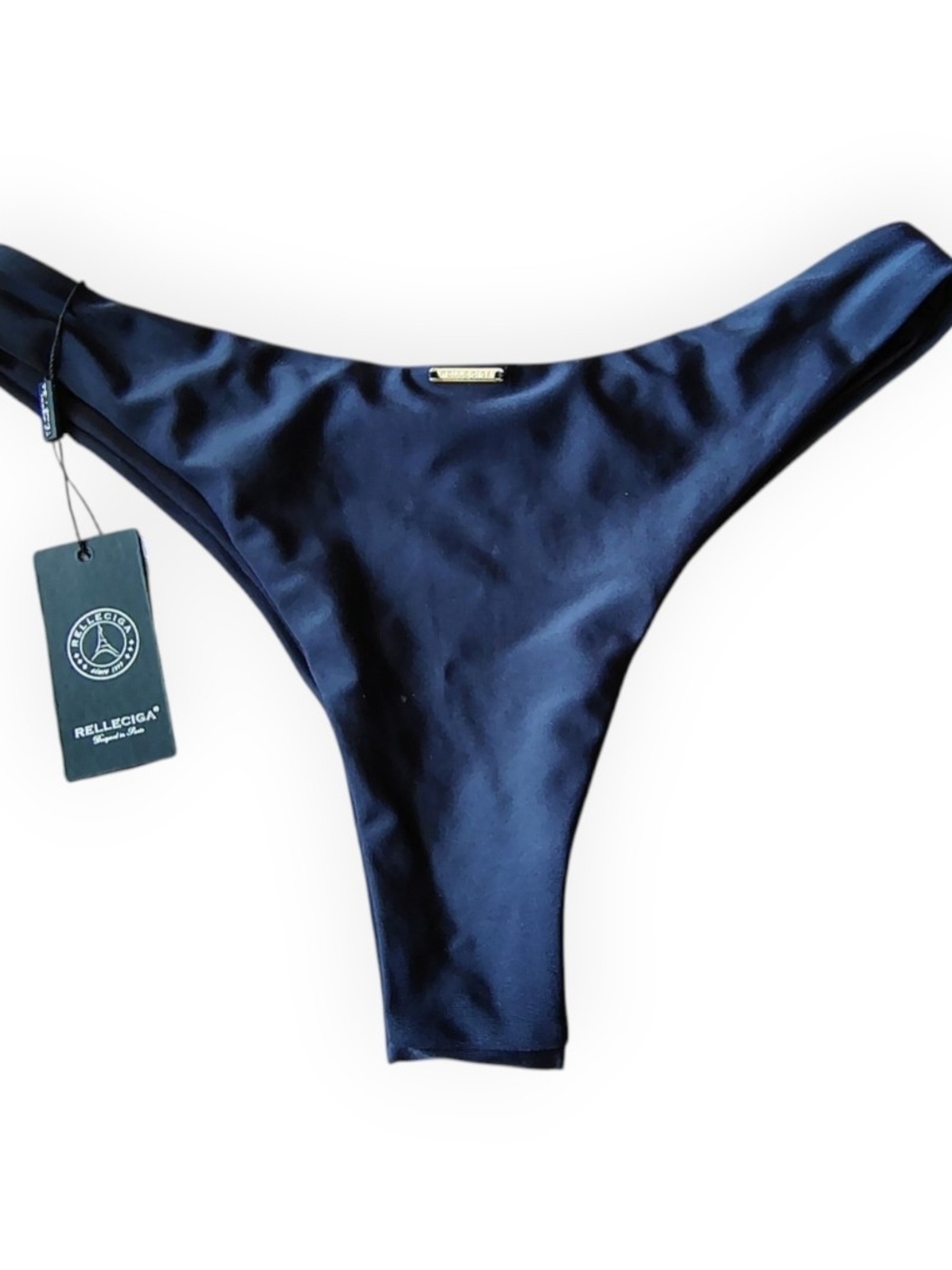RELLECIGA Black Bikini Bottom with Gold Logo Plate